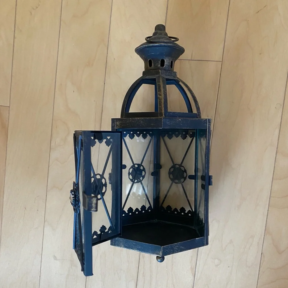 Vintage Candle Holder Black and Gold Lantern With Embellishment